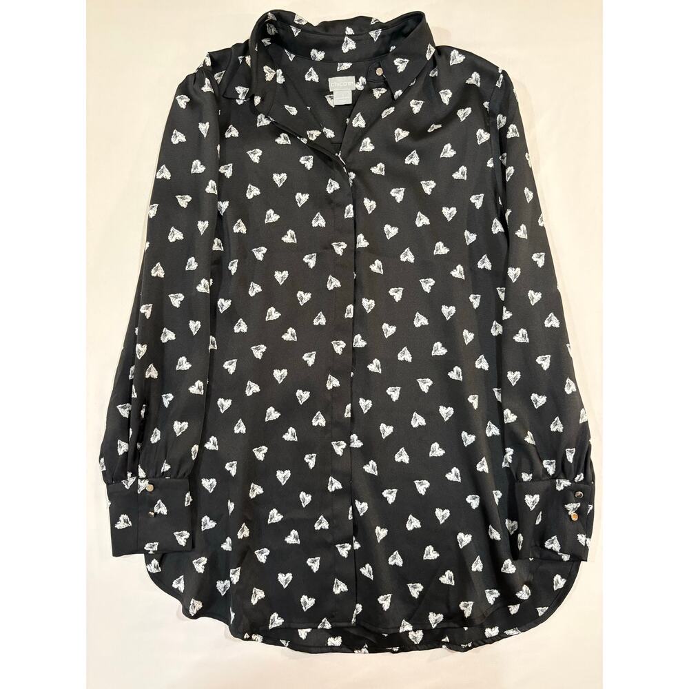 Chico’s Black w/ White Hearts Printed Long Sleeve Blouse Size 1 (Medium 8-10)